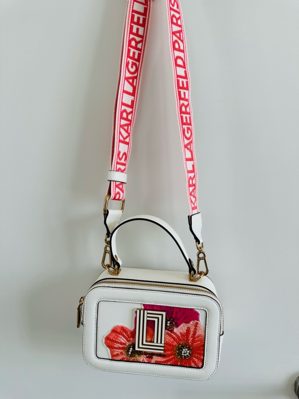 Karl Lagerfeld wear once White Crossbody Bag with Pink Strap and Floral Accent